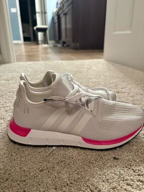 adidas Women’s White Mesh Sneaker with Pink Accents